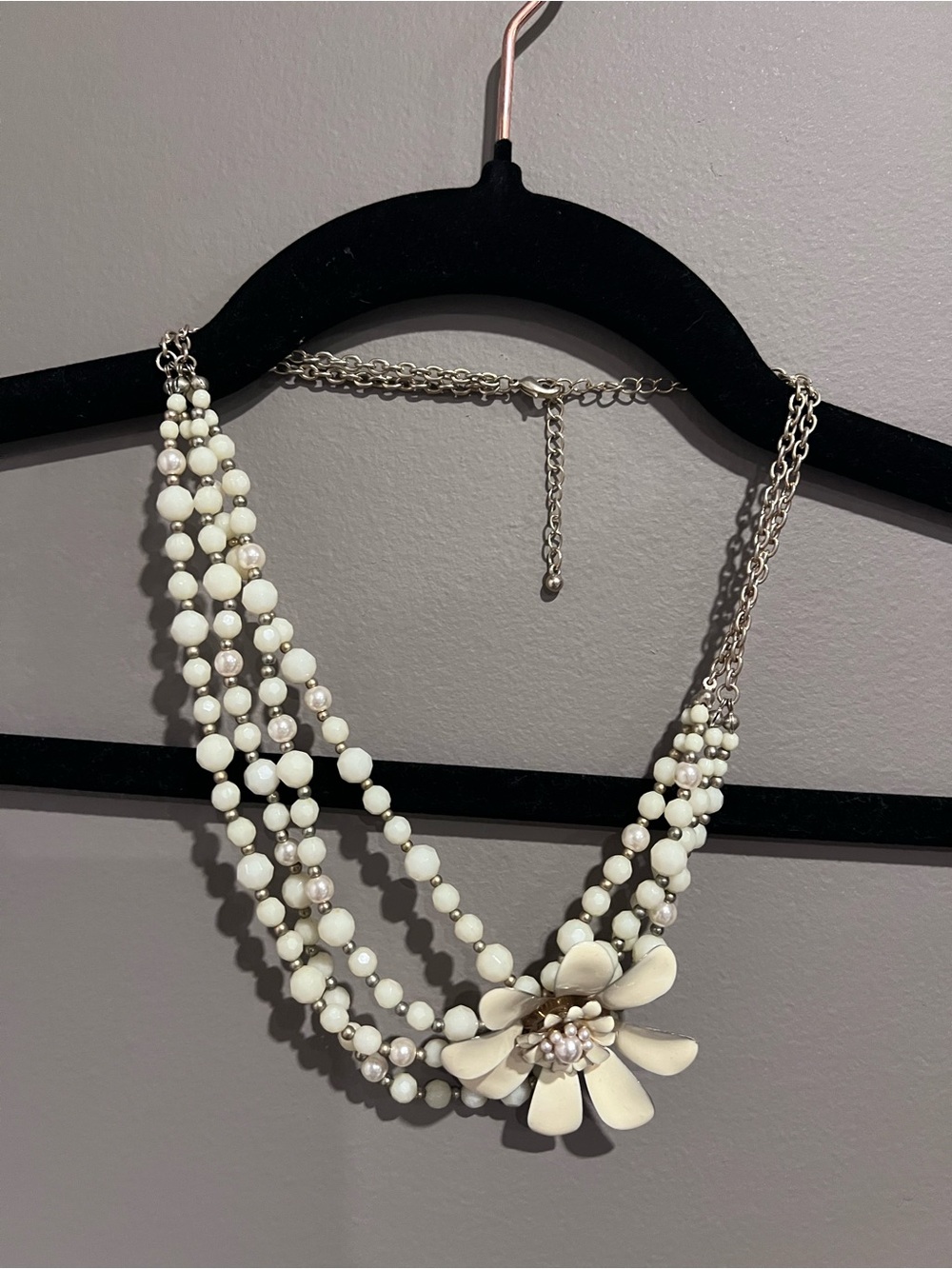 Off White Multi-Strand Beaded Necklace with Flower Accent